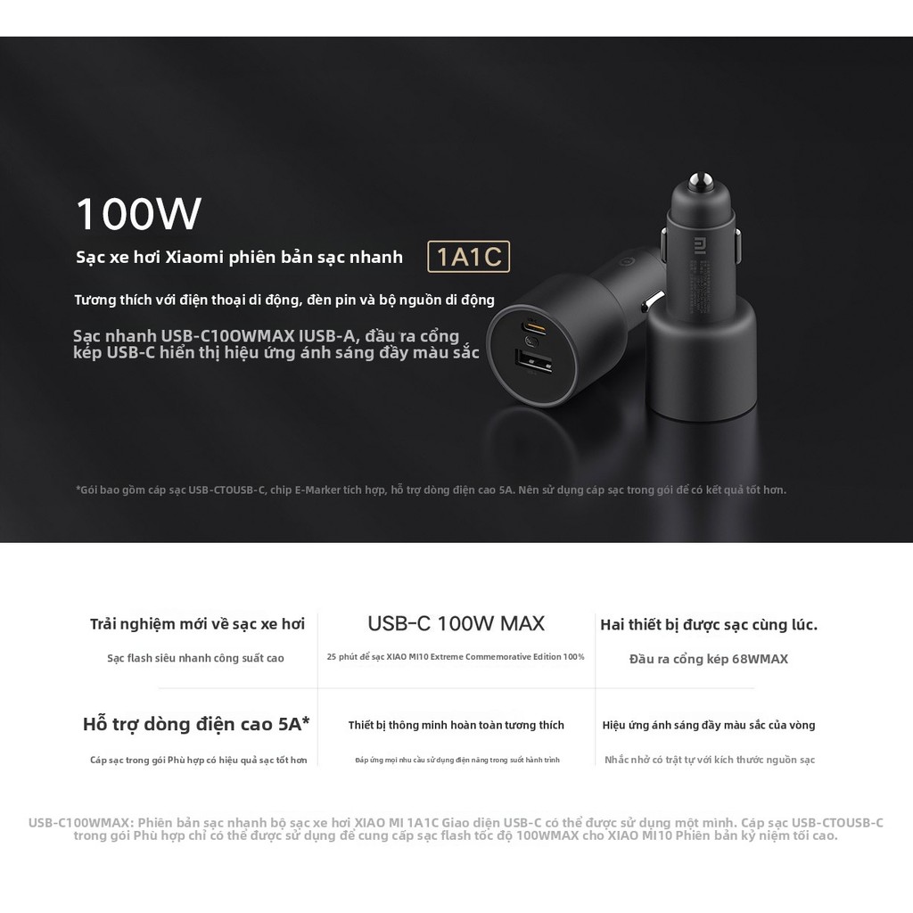 Sạc Xe Hơi Phiên Bản Sạc Nhanh 1A1C 100W Xiaomi MIJIA Xe Sạc Nhanh