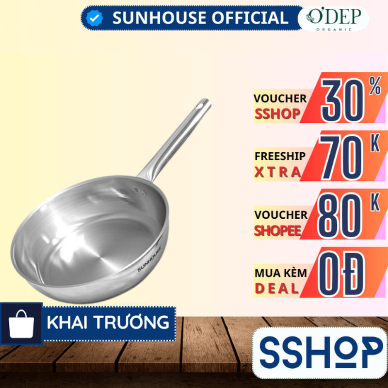 Chảo inox 304 đa lớp Sunhouse IN20M6 - IN24M6 - IN26M6 20-24-26cm dùng với mọi loại bếp - SSHOP SSO