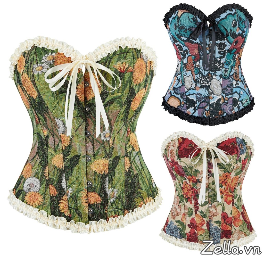 Nữ Vintage Hoa Overbust Corset Cắt Thấp Slim Fit Bustier Bodyshaper