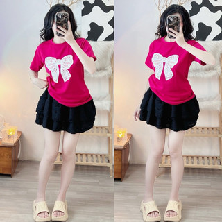 SÉT XINH ÁO THUN NỮ IN HÌNH NƠ+Quần váy