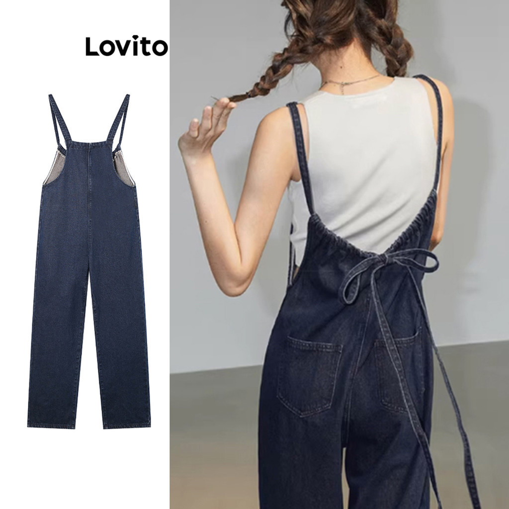Yếm denim Lovito cắt xẻ có túi cột nơ lưng màu trơn thường ngày cho nữ LNE55272