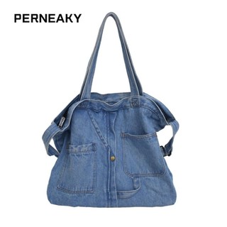 PERNEAKY Túi xách thông thường, Túi tote hình vuông màu xanh, Túi mua sắm dây kéo vải Denim di động Unisex