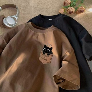 Phong Cách Hồng Kông Retro Mèo In Mềm Cổ Tròn Tay Ngắn Nam Nữ Xu Hướng Thời Trang Rời Ins Mùa Hè Thường Ngày Nửa Tay Cặp Đôi Top