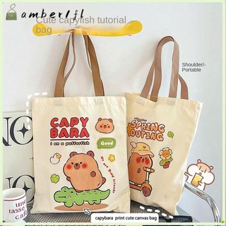 Túi xách xô AMBER1, Túi Tote sức chứa lớn phong cách Hàn Quốc, Túi đeo vai in hình gấu mèo Capybara dễ thương