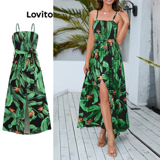 Đầm Lovito vải gân họa tiết hoa lá xẻ tà phong cách Boho dành cho nữ LNL47089