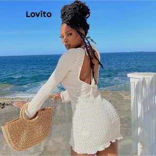 Đầm Lovito hở lưng xếp ly màu trơn buộc dây viền nhún bèo phong cách sexy cho nữ LNL53038