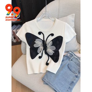 Đen Ba Chiều Bướm Trang Trí Vai Trước Dệt Kim Tay Ngắn Nữ Pháp Retro Hẹp-Waist
