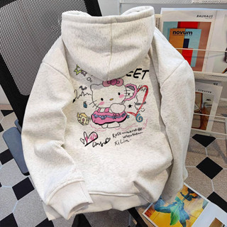 Áo hoodie nữ xám tiêu Hello Kitty form rộng local brand áo dài tay hàn quốc mùa đông áo Khoác slamo