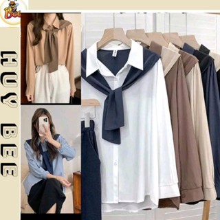 Huy Bee_ Áo sơ mi nữ Basic lụa cát nhiều màu kèm khăn thuỷ thủ tháo rời, dễ phối đồ, phong cách thanh lịch 40_60kg