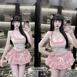  Set áo cặp 2 dây chữ chân váy tầng caro đính nơ hồng siêu dễ thương alohashop91 