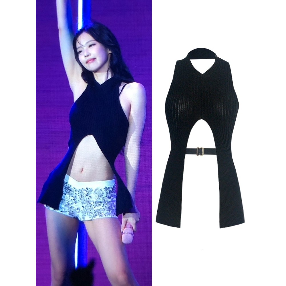 Jin Ji Ni Jennie Style Đen Dây Ôm vừa vặn Vest Thiết kế Top