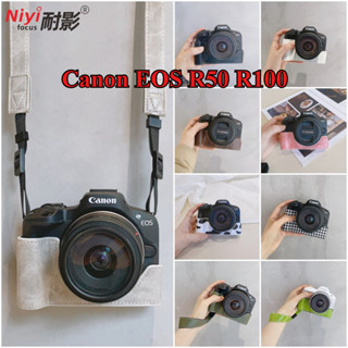 Ốp Lưng Máy Ảnh Canon R100 R50 Da Túi Đế Máy Ảnh Cho Canon EOS R50 Ốp Lưng Mở Túi Pin 1 / 4 Vít Bảo Vệ Nửa Vỏ PU