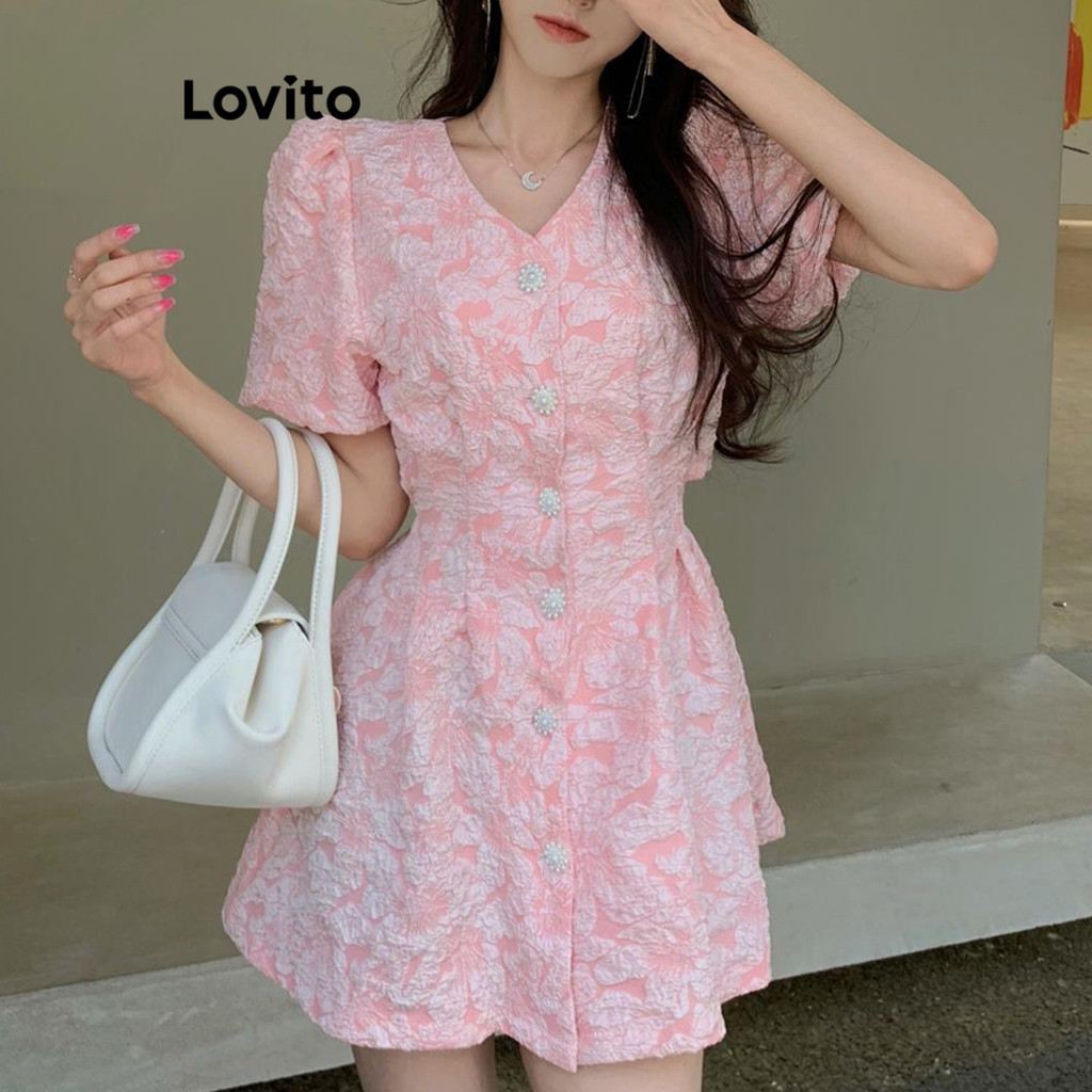 Lovito Đầm cài cúc đơn giản cho nữ LNM66017