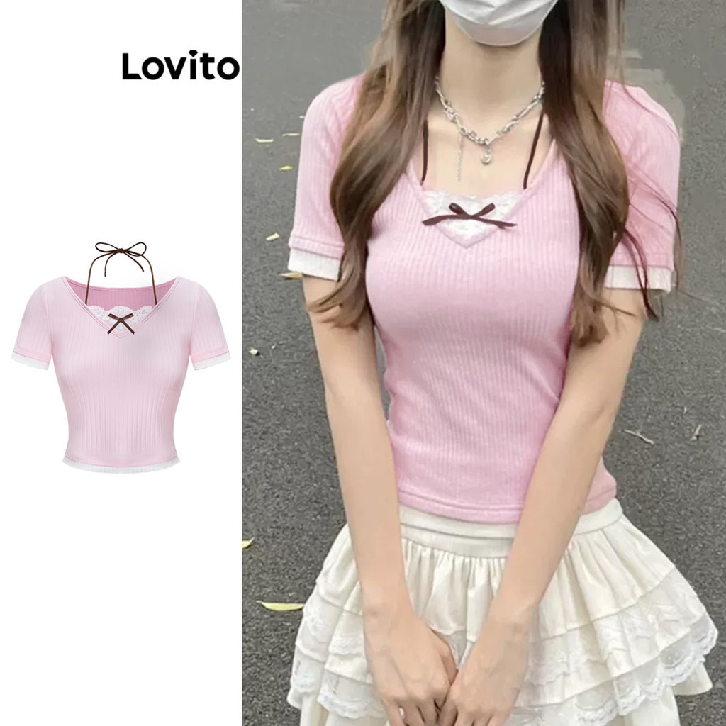 Lovito Áo thun giả nơ 2 trong 1 màu trơn dễ thương phía trước dành cho nữ L94AD025