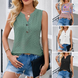 Rotyroya-nữ Áo Vest Mùa Hè Cổ Chữ V Không Tay Nút Trang Trí Áo Chui Đầu Thiết Kế Rỗng Màu Trơn Xe Tăng Áo Dạo Phố