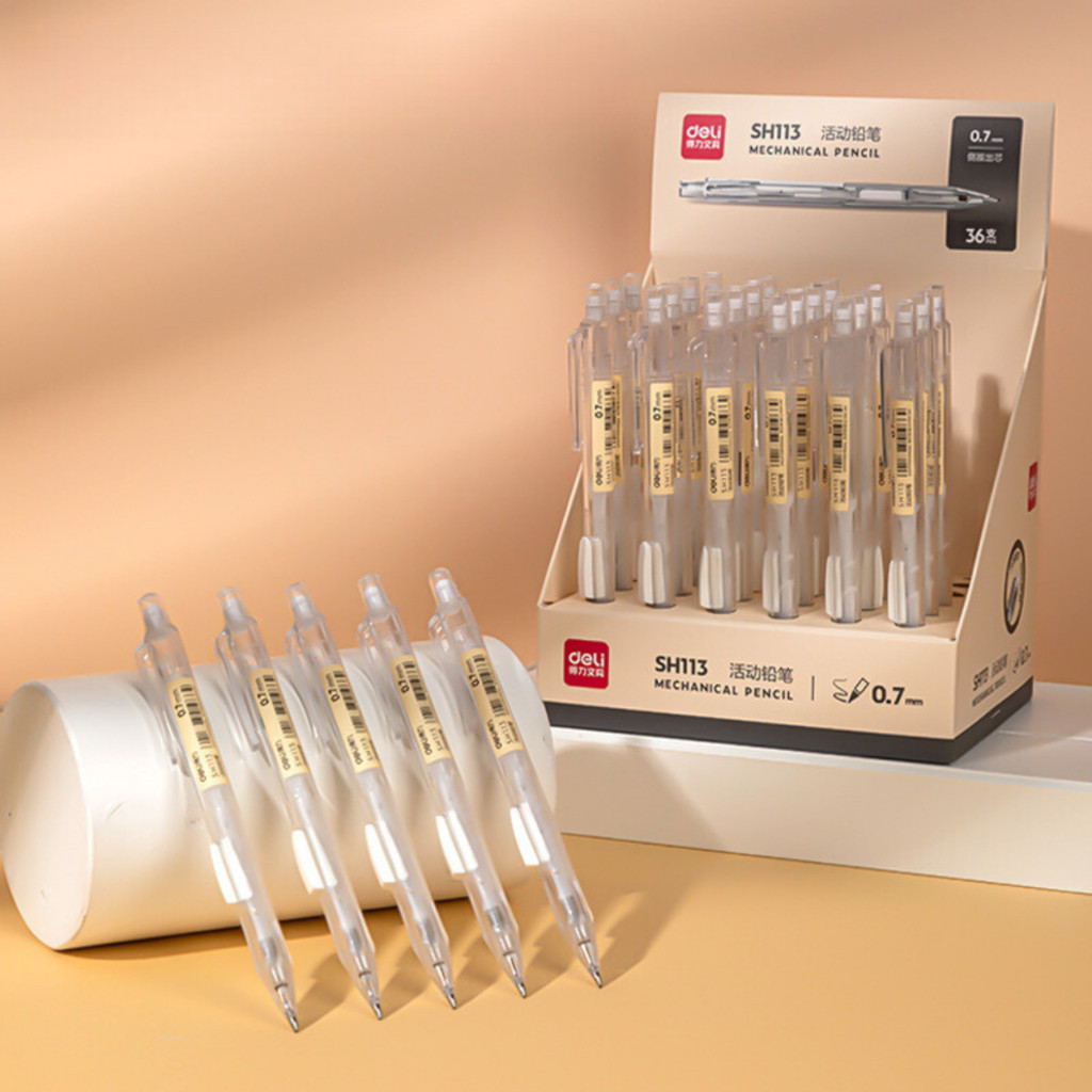 Bút chì kim, Bút bấm cạnh thân Deli kèm đầu tẩy 0.5mm B139  phong cách basic thân trong suốt