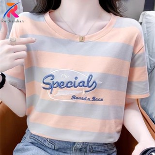 Ruidiandian 2024 Áo thun ngắn tay sọc đen trắng mới dành cho nữ Trang phục mùa hè Phiên bản Hàn Quốc Quần áo thường ngày thêu dáng rộng và đa năng