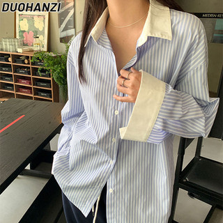 Duohanzi Áo sơ mi nữ sọc Hàn Quốc áo sơ mi dài tay dáng rộng thiết kế lười biếng áo sơ mi công sở