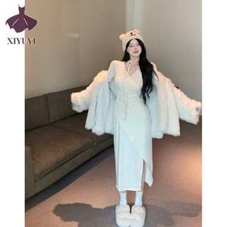 XIYUYI Váy nữ cổ chữ v cổ điển kiểu Pháp váy dài tay thắt lưng