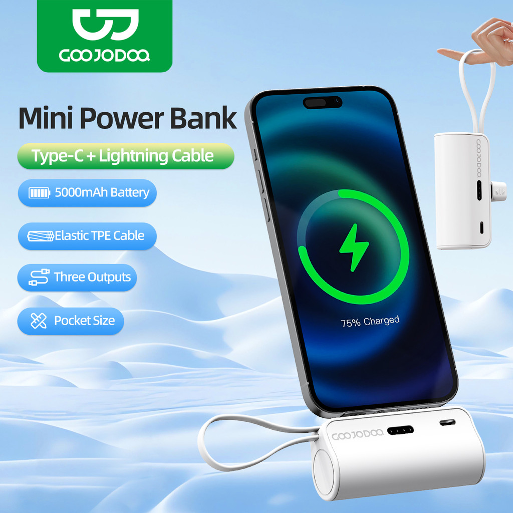sạc dự phòng mini GOOJODOQ 2024, Pin dự phòng không dây di động có phích cắm Type-C và Lightning