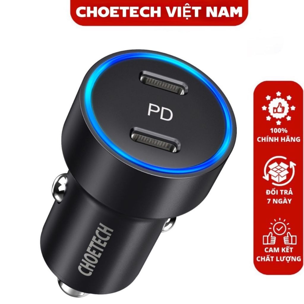 Tẩu sạc nhanh trên ô tô 2 cổng Type C 40W Choetech C0054- (Hàng chính hãng)