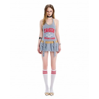 SG.S Halter Neck Bubble Mini Dress - Đầm Ngắn Thun Bí Hoạ Tiết Thể Thao Hở Lưng Đan Dây