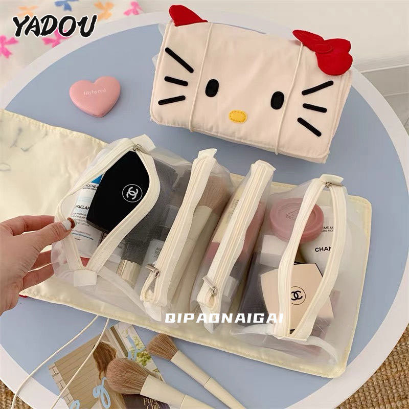 Yadou Thiết kế in hình mèo dễ thương Túi đựng nhiều lớp di động dung tích lớn 4 trong 1