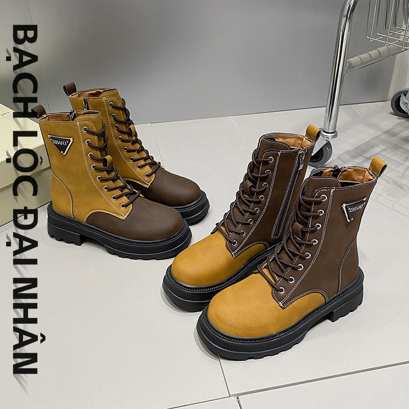 Giày bốt khí chất gót dày phong cách mới dành cho nữ ống thấp đa năng đáy dày buộc dây bốt Martin