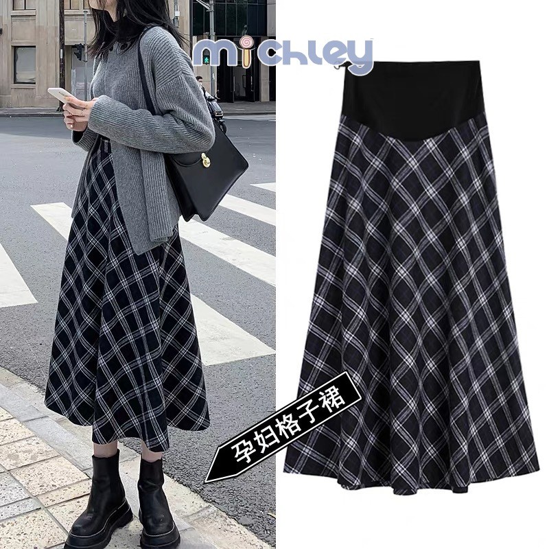Michley Váy bà bầu bên ngoài mùa xuân thu mặc phiên bản Hàn Quốc Váy bà bầu kẻ sọc cổ điển mùa thu đông