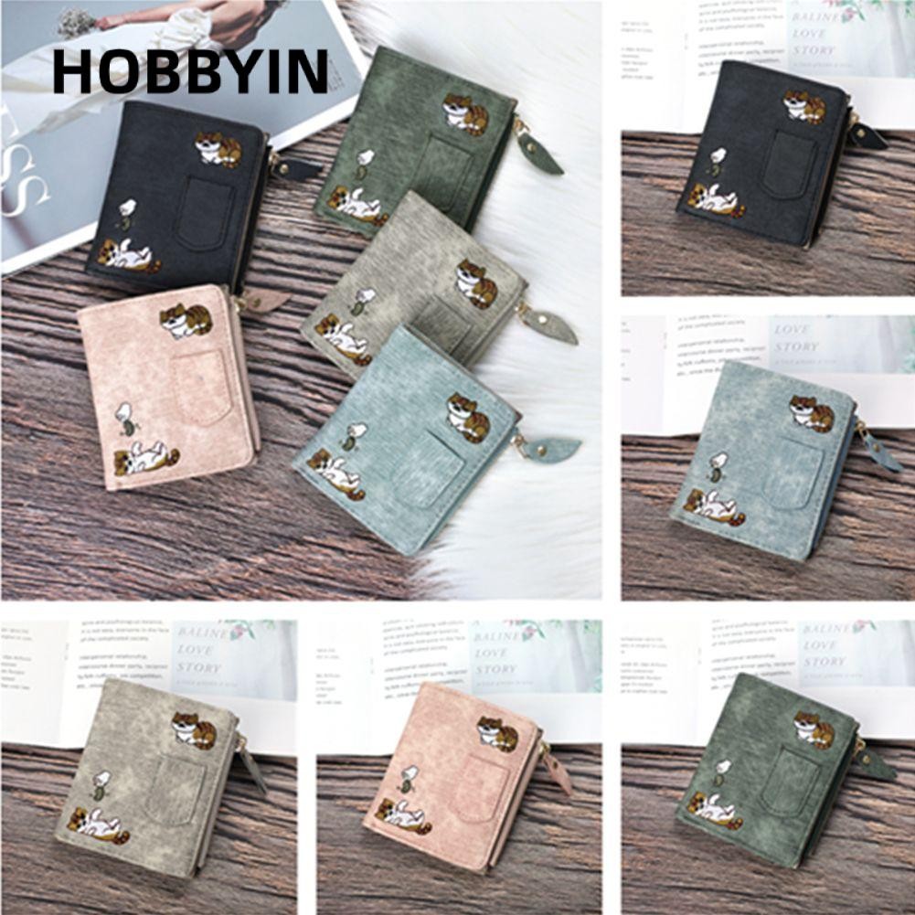 HOBBYIN Ví Da PU Ngắn Đựng Thẻ Có Khóa Kéo Thêu Hình Mèo Dễ Thương Giá Đỡ