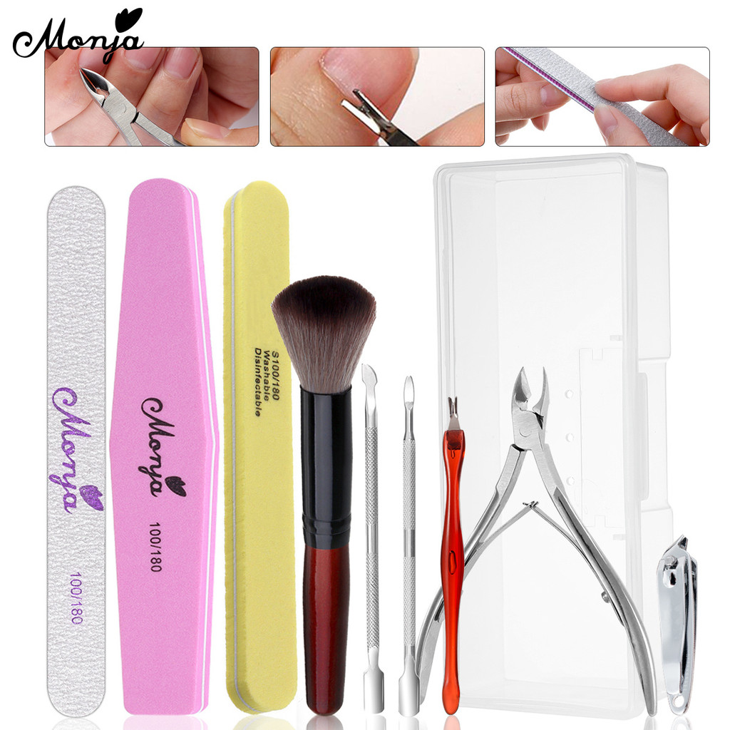 Monja 5 / 7 / 9 / 10 Chiếc Nail Clipper Set Nipper Files Buffer Cuticle Pushers Bàn chải làm sạch UV Gel Removal Làm móng tay Bộ dụng cụ làm móng chân
