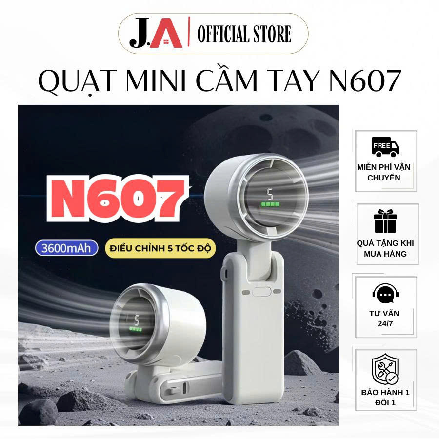 Quạt Cầm Tay Mini N607, Pin 3600mAh, Màn Hình LED, 5 Cấp Độ Gió, Thiết Kế Gập Gọn, Cầm Tay & Để Bàn 