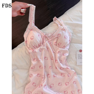 Váy ngủ bé gái băng lụa sling hoạt hình mèo màu hồng, phù hợp mặc hàng ngày và mùa hè