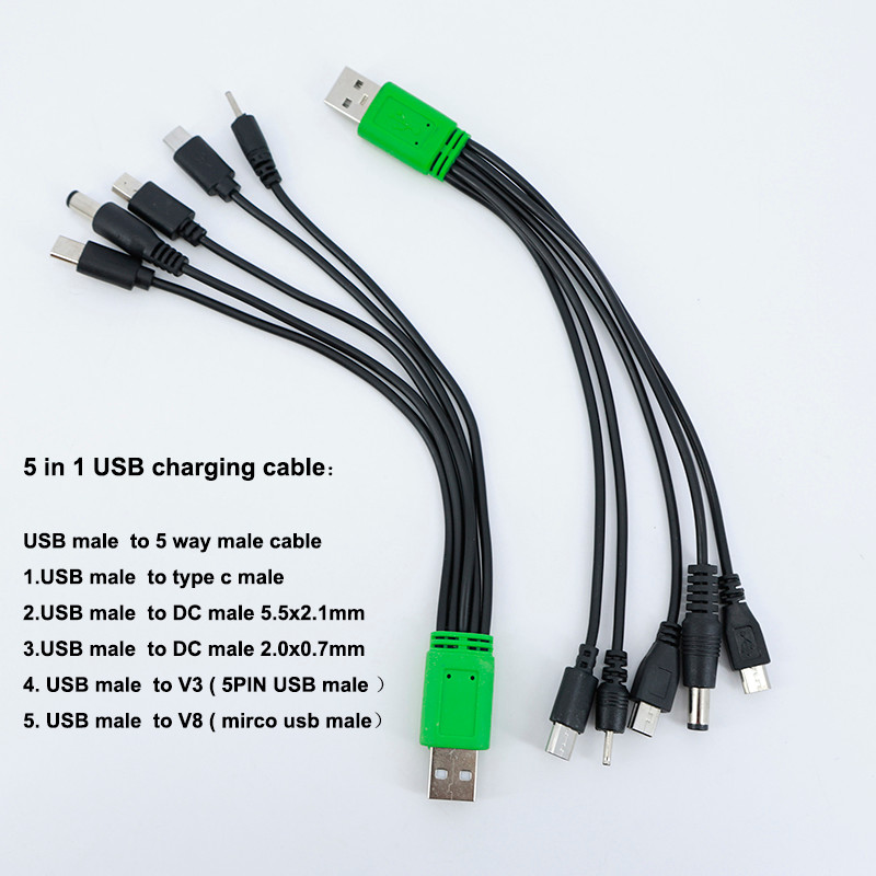 20cm 5 trong 1 USB nam đến 5 chiều loại c DC 5.5x2.1mm 2.0x0.7mm nam mini 5P V3 V8 mirco usb nam cáp