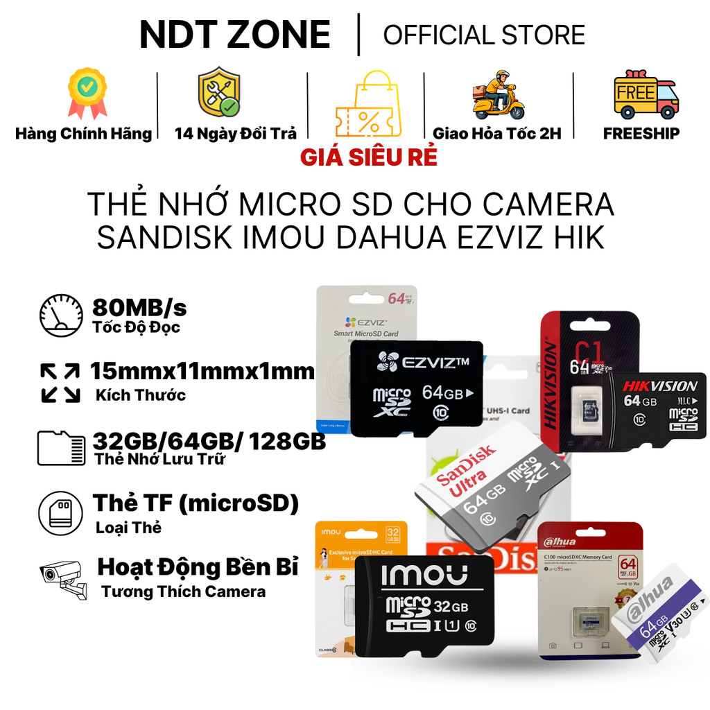 Thẻ Nhớ Chuyên Dụng Camera Micro SD SANDISK IMOU DAHUA EZVIZ HIKVISION Dung Lượng 32GB/64GB/128GB