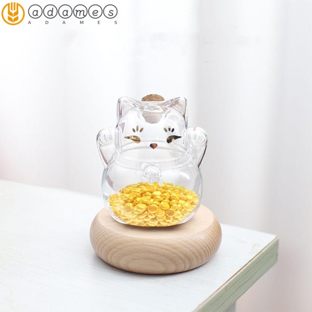 ADAMES Glass Coin Bank, Lucky Cat Clear Glass Cat Cat Shape Saving Jar, Trang trí di động với đế gỗ 
