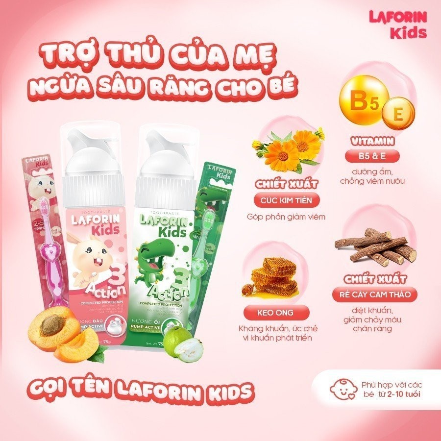 Kem đánh răng cho bé Laforin Kids hương đào và ổi chống sâu răng, nuốt an toàn 75g ( tặng bàn trải)