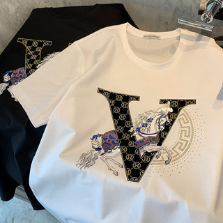 Thời Trang Dạo Phố Nam Thêu Ngắn Tay Áo Thun Nam Hot-Rhinestone Chữ V H Ma Trạm Châu Âu 2024 Phong Cách Mới Dạo Phố Cotton Top Mỏng Nửa Tay Áo Thun Brea