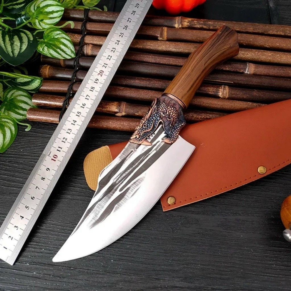 💯💯 Dao Nhà Bếp Mini Tiện Lợi - Dao Đầu Rồng Lưỡi Dập Vân Mài Sắc Kèm Bao Da- Dao Bầu Rồng Cán Gỗ----