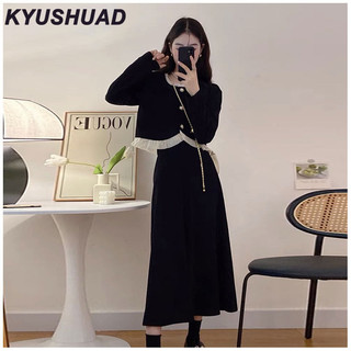 Kyushuad Girl 's Xiaoxiangfeng khí chất bộ váy mùa thu đông cao cấp cảm giác vải nhung nối nấm cạnh váy hai mảnh