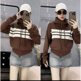 Áo khoác nỉ nữ mẫu mới áo khoác hoodie gân viền trắng vải gân dày dặn chống nắng 6 túi nón to hàng mới