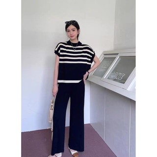 2024 Phong Cách Mới Tính Khí Sọc Cổ Tròn Áo Chui Đầu Không Tay + Quần Dài Thời Trang Dệt Kim Cao Cấp Hai-