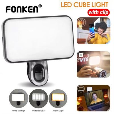 Fonken LED Selfie Light Với Kẹp 3 Màu Lấp Đầy Ánh Sáng Video Có Thể Sạc Lại Cho Điện Thoại Laptop Camera Họp Trang Điểm