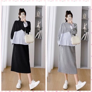 Váy bầu thu đông MAMADRESS set Đầm bầu xinh gồm ÁO KÈM CHÂN VÁY XINH XẮN thiết kế chất NỈ DA CÁ PHỐI SƠ MI sang chảnh S8