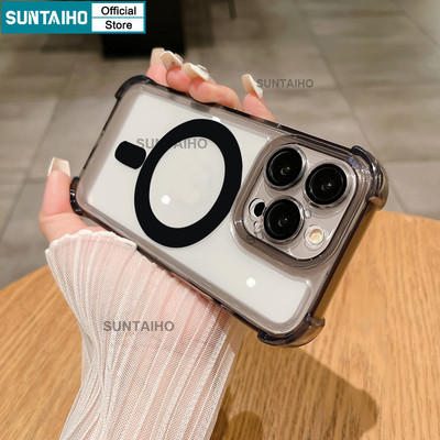 Suntaiho Sang Trọng Vòng Từ Tính Trong Suốt Màu Đen Ốp lưng IPhone 11 12 13 14 15 16 Pro Max Plus Sạc Không Dây Mềm Chống Sốc Ốp Lưng