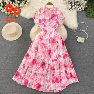 Phong Cách Nhẹ Nhàng Họa Tiết Hoa Váy Dài Pháp Retro Tính Khí Ngắn Tay Ve Áo Nẹp Eo Mỏng Hơn Nhìn Chữ a Đầm Hoa Mùa Hè