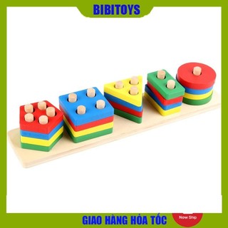  Đồ chơi thả hình 5 trụ chữ nhật thanh ngang giáo cụ Montessori cho bé