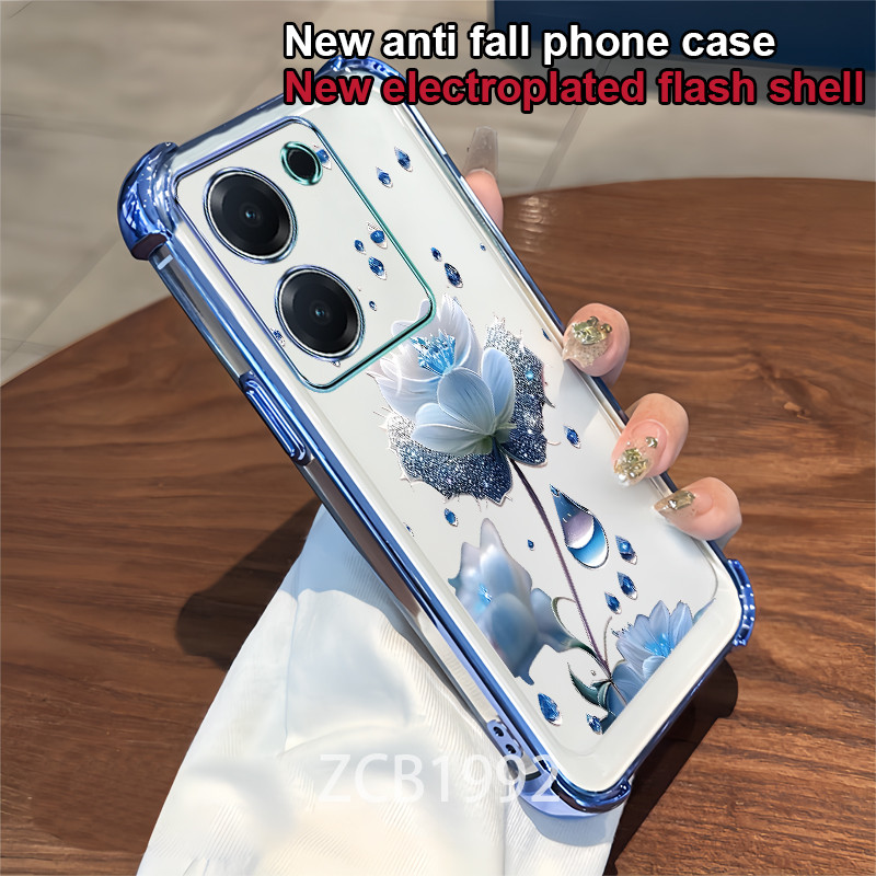 Ốp Lưng Cho Redmi 13c 14c 14R 5G Vỏ Điện Thoại TPU Pha Lê Giọt Mưa Hoa Xanh Họa Tiết Bốn Góc Chống Rơi Trong Suốt