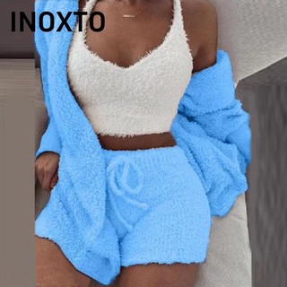 INOXTO Đan Bộ 3 Món, Bộ Đồ Ngủ Lông Cừu Ấm Áp Gợi Cảm, Mùa Thu Fuzzy Ấm Áp Crop Top Quần Short Nữ