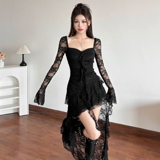  Klalien Đầm Ren Cổ Chữ U Hình Dạng Không Đều Tay Dài Rỗng Ra Xếp Chồng Xếp Chồng Chắp Vá Casual Gợi Cảm Slim Fit Nữ 